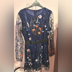 Blue transparent sleeve dress with embellishment